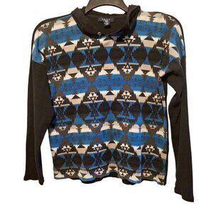 Chaps Woman's Hooded Pullover Sweater Black & Blue Aztec Print 100% Cotton L